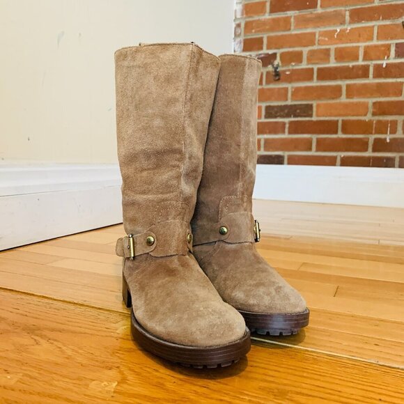 Ralph Lauren Motorcycle Boots Mid Calf Tan Suede Pull On Lug Soles - Picture 3 of 16